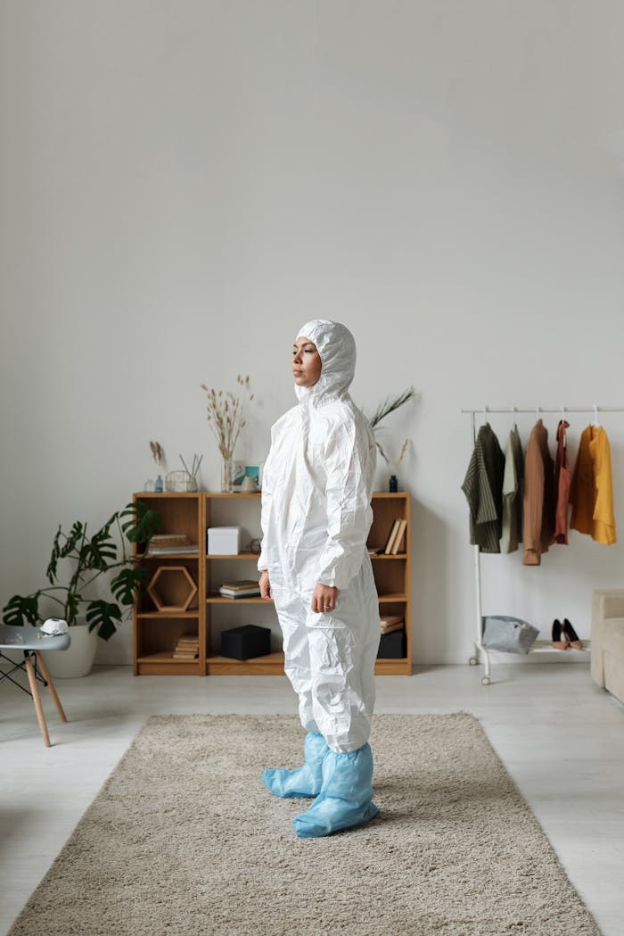 A side view of a person in a hazmat suit standing in a minimalist indoor setting.